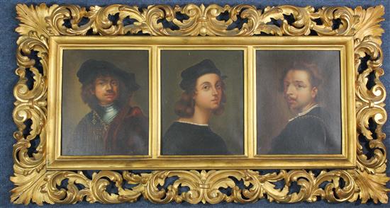 Old Master Portraits after Van Dyke, Raphael and Rembrandt, 8.5 x 7in., in a single Florentine frame